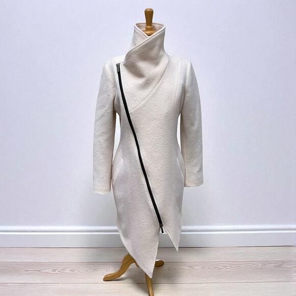 Marcella NYC Maren Coat Sz L Cream Virgin Wool Wrap Neck Asymetrical Classic - Picture 1 of 14